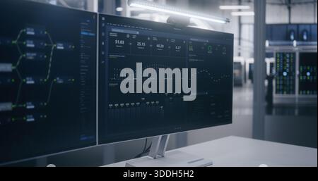 Close Up on Two Monitors in Clean Office, Showing Complex Flow Diagrams and Performance Statistics. Monitoring Network Flow and System Performance. Network Management, and Technical Control Center. Stock Photo
