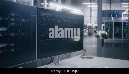 Dual Monitors Displaying Automation Process Flow and System Metrics. Two Screens Display Complex Technical Data, Performance Statistics and Graphs. Concept Real Time System Monitoring, Remote Control. Stock Photo