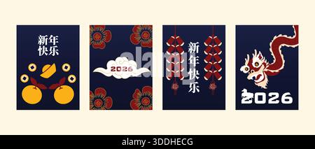 Set of festive Chinese New Year 2026 illustration banners and greeting cards with traditional Chinese decorations and celebratory elements Stock Vector