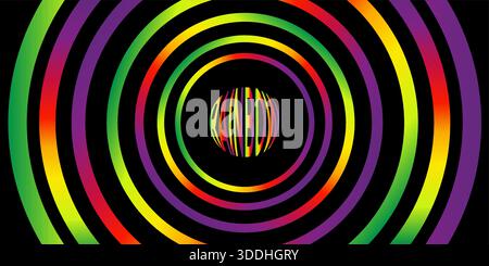 Concentric Rainbow Circles Psychedelic Neon Digital Graphic on Dark Background Stock Vector