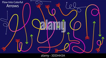 Winding Neon Arrows Dynamic Colorful Vector on Dark Blue Technology Background Stock Vector