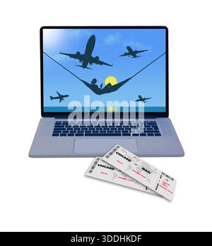A laptop with airplanes and a woman on vacation on the screen is paired with airline tickets in a 3-d illustration about booking travel online. Stock Photo