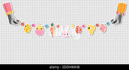 Cute fun bunting with Easter eggs, flowers, bunny and cute chicken, halftone collage hands background, poster, flyer Stock Vector