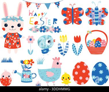 Easter vector collection with cute pink bunny, chicks and hen and colored eggs for invitations and graphic design Stock Vector