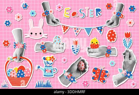 Cute Easter vector halftone collage with hands, Easter basket, eggs, bunny, bunting, flowers, cutout illustration, modern graphic design elements Stock Vector