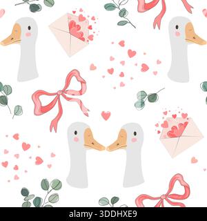 Goose Goose romantic seamless pattern. Cute Hugging birds background for Valentine day, wedding or wallpaper card design. Stock Vector