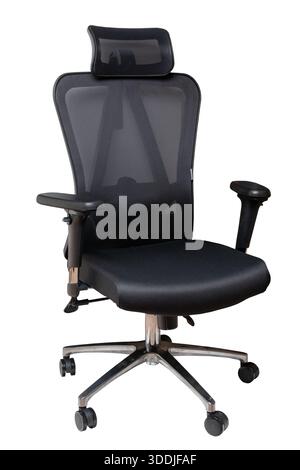 Closeup of a black comfortable office or computer swiwel chair isolated on white background. Clipping path. Ergonomic design chair for a healthy back. Stock Photo