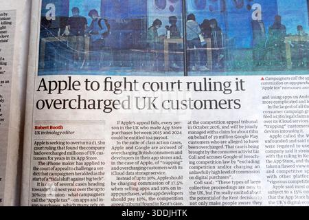 'Apple to fight court ruling it overcharged UK customers' Guardian newspaper headline technology business article 27 December 2025 London England UK Stock Photo