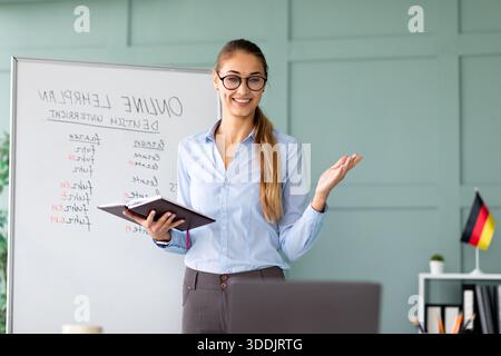 Cheerful Female Teacher Conducting Online German Language Lesson With Remote Students Stock Photo