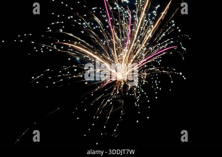 Colorful Firework Burst with Sparkling Trails on Black Background Stock Photo