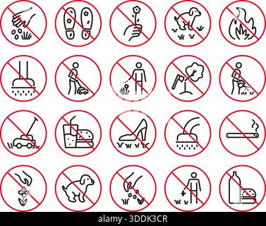 Black and red line lawn prohibitory vector icon set. Big collection of outline round crossed out pictograms for parks, gardens and farms. Classic line Stock Vector