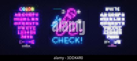 Bright karaoke mic check sign surrounded by stars and customizable glowing letters. Stock Vector