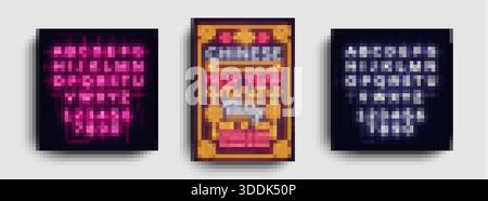 Chinese New Year party poster with neon lanterns and glowing text, accompanied by an editable alphabet set. The vivid light effects create a lively Stock Vector