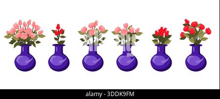 A set of rose bouquets in blue vases. Vector illustration on a white background. Stock Vector