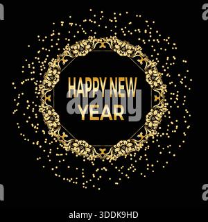 Elegant Happy New Year greeting card design featuring a luxurious golden ornate frame surrounded by sparkling glitter on a dark festive background Stock Vector