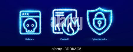 Malware Virus Ransomware Trojan Spyware Threat Detection Icons. Firewall Network Barrier Intrusion Prevention Traffic Filtering Logo. Cyber Security Stock Vector