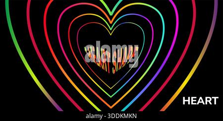 Concentric Hearts Dynamic Abstract Vibrant Rainbow Spectrum on Dark Smooth Digital Graphic for Modern Celebration Designs Stock Vector