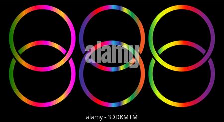 Interlocking Rings Vibrant Abstract Rainbow Gradient Colors on Black Digital Graphic for Connection and Diversity Themes Stock Vector
