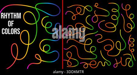 Abstract Glowing Lines Dynamic Vibrant Rainbow Gradient on Black Smooth Digital Illustration for Modern Graphic Design Background Stock Vector