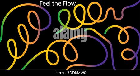 Abstract Flowing Lines with Dynamic Vibrant Gradient Neon Colors on Dark Background Smooth Digital Graphic Pattern Stock Vector