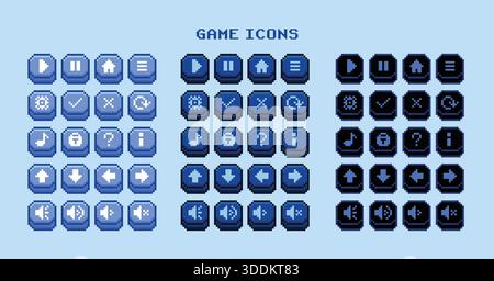 Set of pixel game buttons icons - Blue theme Stock Vector