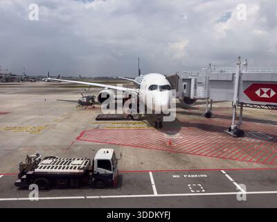 Singapore, Singapore - July 31, 2025: A large airplane is parked at a gate while ground crew operate equipment on the tarmac. A clear view of the runw Stock Photo
