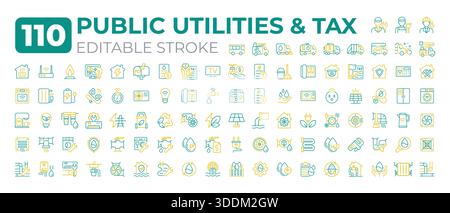 Public utilities and tax two color line icons set Stock Vector