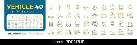 Vehicles pixel perfect two color line icons set Stock Vector