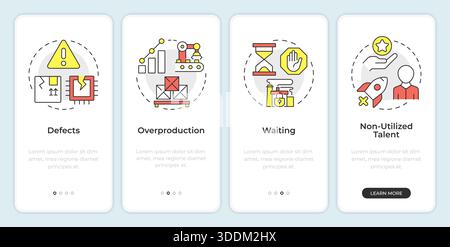 Types of waste in lean manufacturing onboarding mobile app screen Stock Vector