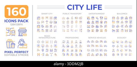 City life two color line icons set collection Stock Vector