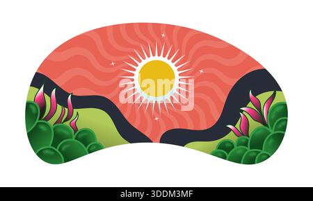 Minimalist Nature Landscape Illustration with Green Hills, Lush Garden Plants, and Bright Sun Shining in an Orange Sky Stock Vector