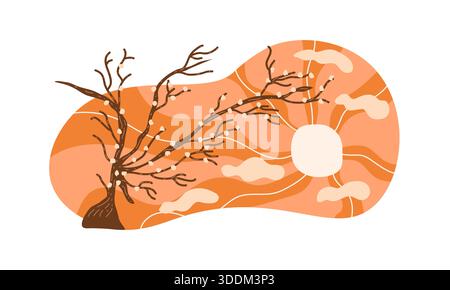 Hand-Drawn Minimalist Nature Illustration with Autumn Trees, Orange Cloudy Sky, and Shining Sun Stock Vector