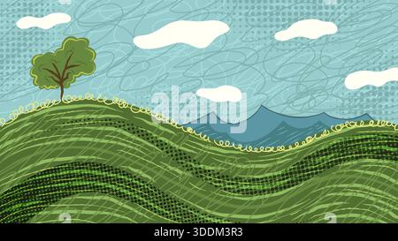 Hand Drawn Illustration of Green Hills in Scribble Style, with a Tree on the Peak, Cloudy Sky, and Blue Mountains in the Distance Stock Vector
