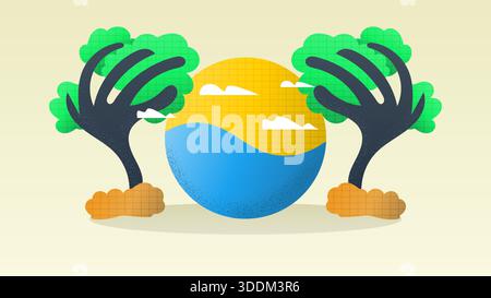 Eco Friendly Nature Illustration Concept, with Tree Shaped Hands Protecting the Earth, with Orange Sky and Blue Ocean Waves Stock Vector
