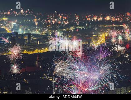 Stuttgart welcomes the new year 2026. Fireworks over the city center. Stuttgart, Baden-Wuerttemberg, Germany Stock Photo