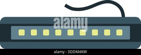 A horizontal LED light bar featuring multiple diodes and a trailing power cable on a dark housing. Stock Vector