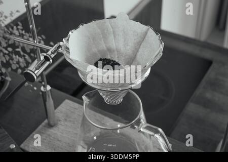 Coffee Grounds in Filter Ready for Brewing (B&W) Stock Photo