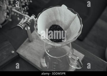 Coffee Grounds in Filter Ready for Brewing (B&W) Stock Photo