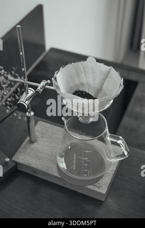 Coffee Grounds in Filter Ready for Brewing (B&W) Stock Photo