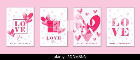 Set of creative greeting cards "Love and be my Valentine" for Valentine's Day 2026. Heart shape and Valentine's Day gift boxes for Valentine's Day Stock Vector