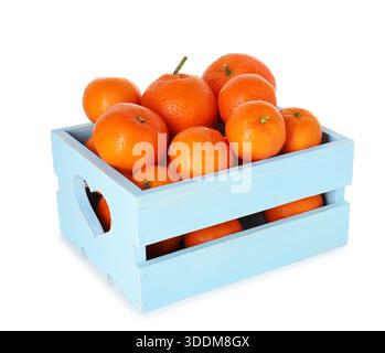 Fresh tangerines in wooden crate isolated on white Stock Photo