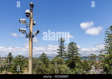 Cluster of CCTV and FLIR surveillance cameras on post at Watsons Bay, near Sydney, Australia on 2 January 2026 Stock Photo