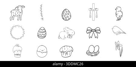 Easter spring basket with flowers, eggs and bows. Chickens, leaves sketchy free hand spring bouquet. Easter cute set. . Vector illustration Stock Vector