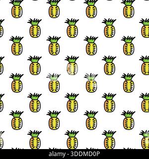 Seamless pattern of cartoon pineapples on a white background. Bright, playful design perfect for textiles, wallpapers, packaging, stationery, and mode Stock Photo