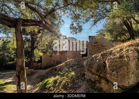 A sunlit rustic stone house sits beside a rocky slope, framed by mature trees. Warm afternoon light and tranquil forest setting convey solitude, histo Stock Photo