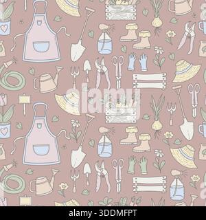 Seamless Gardening Pattern. Repeating Farmhouse Tools, Harvest in Wooden Box, Plants, Flowers, And Apron on Light Brown Background. Pastel Doodle. Vec Stock Vector