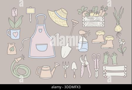 Master Gardening Hand Drawn Set. Dopamine Hobbies. Farmhouse Tools, Flowers, And Harvest. Isolated Muted Pastel Doodle. Vector illustration. Not AI Stock Vector