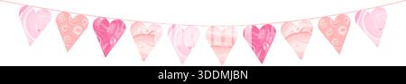 Romantic pink pennant garland with heart shaped flags hanging on string for anniversary celebration baby girl birthday event invitation background Stock Vector