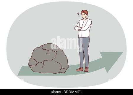 Obstacle to development for business man standing near giant stone that fell on arrow in front. Guy encounters obstacle when solving problem or advancing in courier service concept Stock Vector