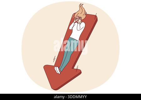 Frightened woman suffering from falling income and risk of bankruptcy, lying on down arrow. Danger of bankruptcy and sharp reduction in salary for girl is caused by financial crisis Stock Vector